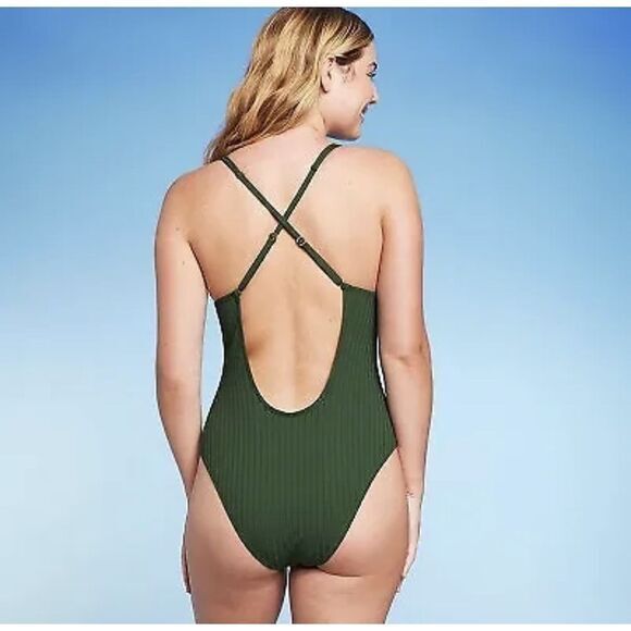 Shade & Shore Green Plunge One Piece Swimsuit‎ Small - Picture 2 of 4